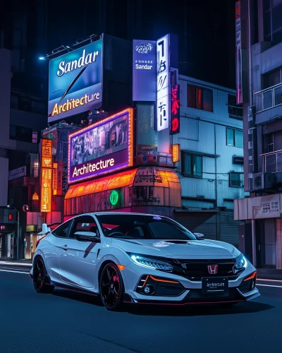 Neon-lit Street with Parked Car