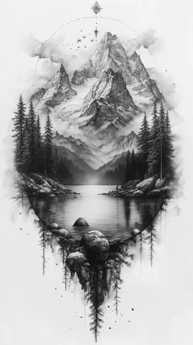 Mountain Forest Lake Tattoo Design