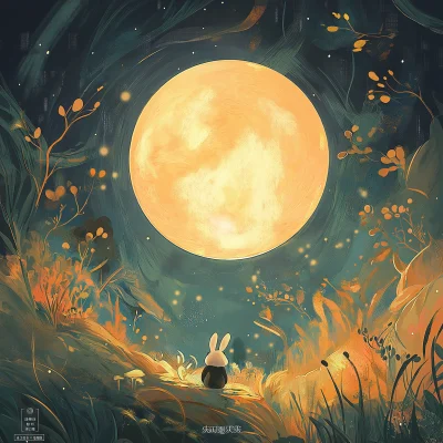 Panda with Rabbit Ears Under the Moon