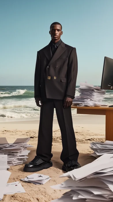 Desperate Man in Black Suit on Beach