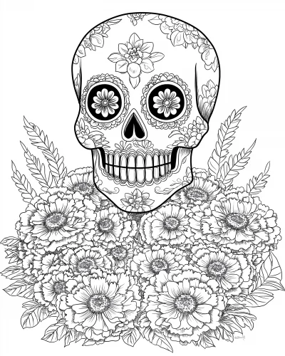 Sugar Skull Among Marigold Flowers