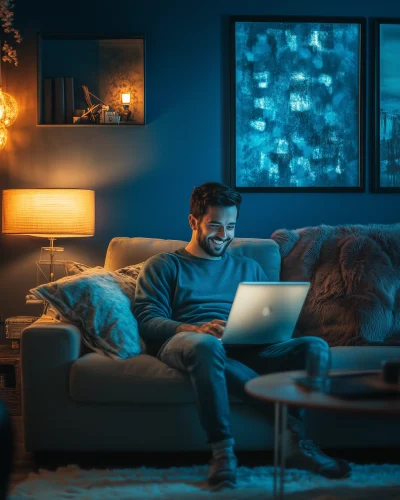 Happy Man Using Laptop in Living Room