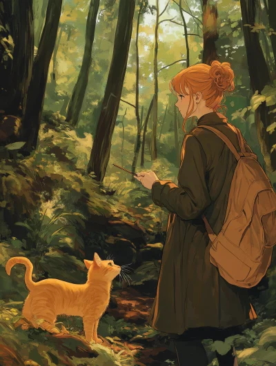 Ghibli Character in Forest with Ginger Cat