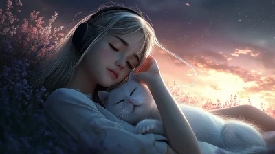 Girl and Cat Listening to Music