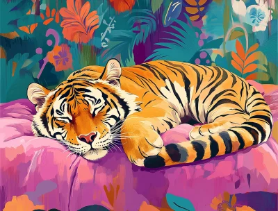 Sleeping Tiger on Floral Duvet