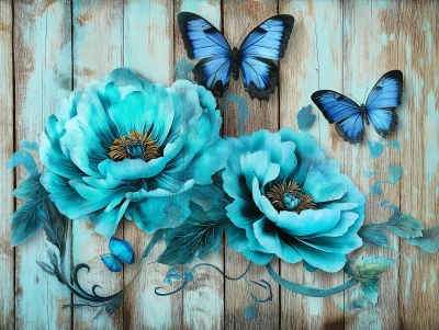 Turquoise Peonies and Blue Butterflies