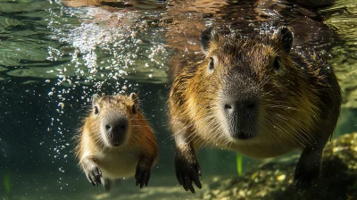 Capybara Mother and Pup Swimming