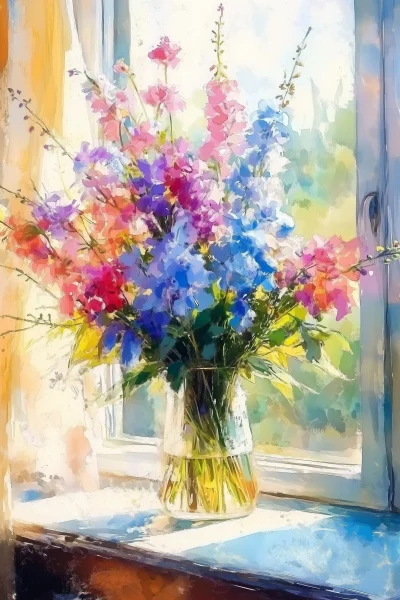 Watercolor Flowers on Windowsill