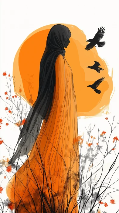 Minimalistic Woman and Crows Illustration