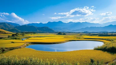 Golden Rice Paddies Reservoir View