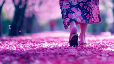 Japanese Woman in Kimono Walking in Petal Forest