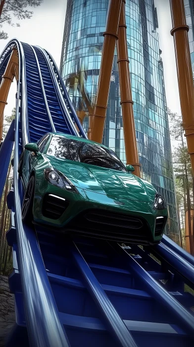 Green SUV on Roller Coaster