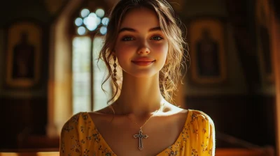 Pretty Woman in Gold Dress with Cross Necklace