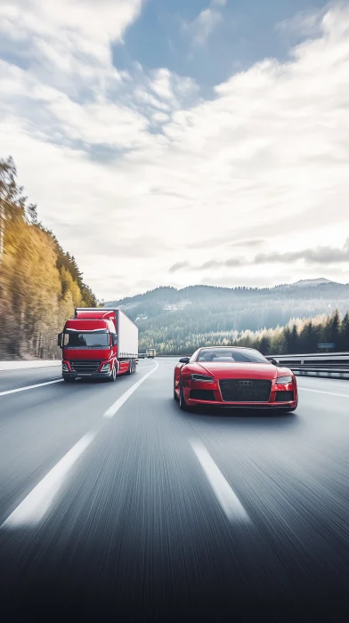 Luxury Red Car and Truck on Highway