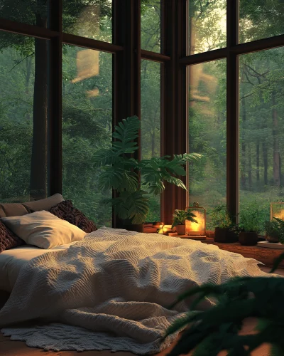 Cozy Bedroom with Forest View