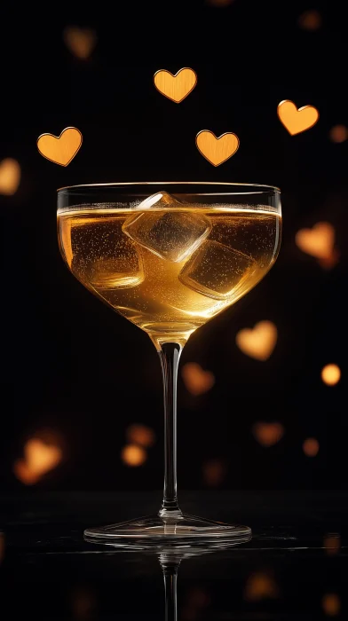 Golden Cocktail with Heart Ice Cubes