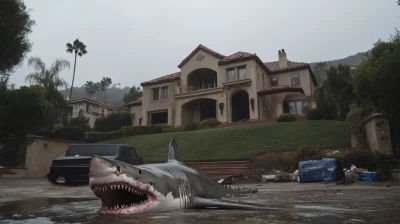 Shark in front of a mansion