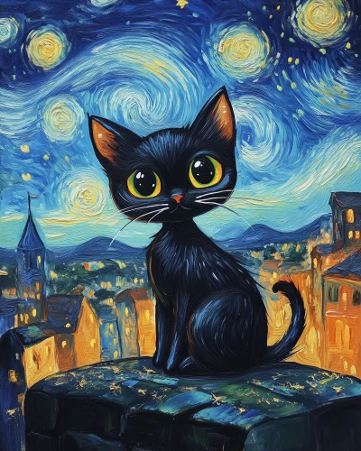 Starry Night Black Cat