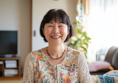 Smiling Japanese Lady in Living Room