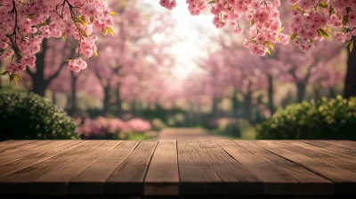 Empty Wood Table with Sakura Background