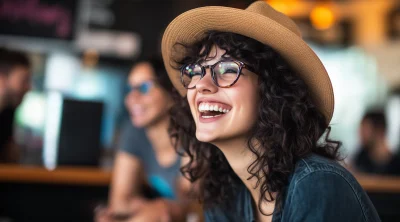 Cheerful Young Woman in Coffee Shop