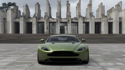 Green Sports Car in Brutalist Architecture