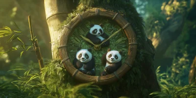 Pandas in Bamboo Clock