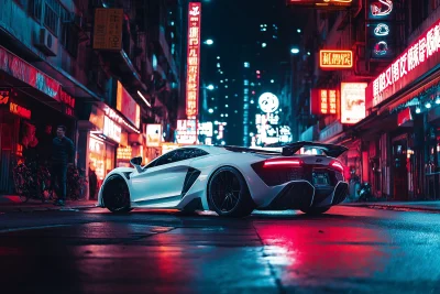 Aggressive White Sports Car in Urban Night