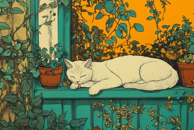 Sleeping Cat on a Porch