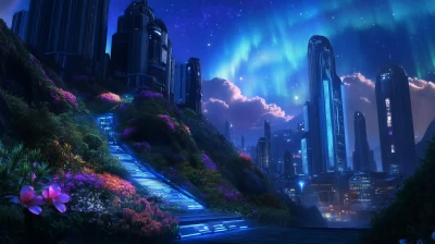 Futuristic City Under Aurora