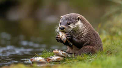 Otter eating a fish by the river