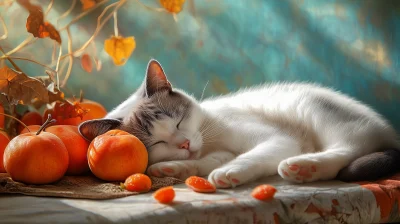 Sleeping Cat Among Persimmons