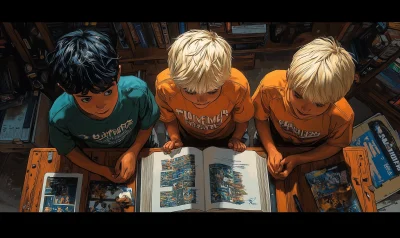 Boys Reading at Night