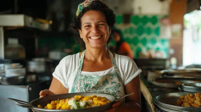 Smiling Brazilian Woman with Dish