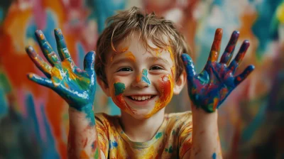 Happy Boy with Painted Hands