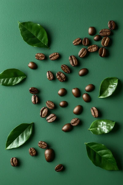 Coffee Beans and Green Leaves Flat Lay