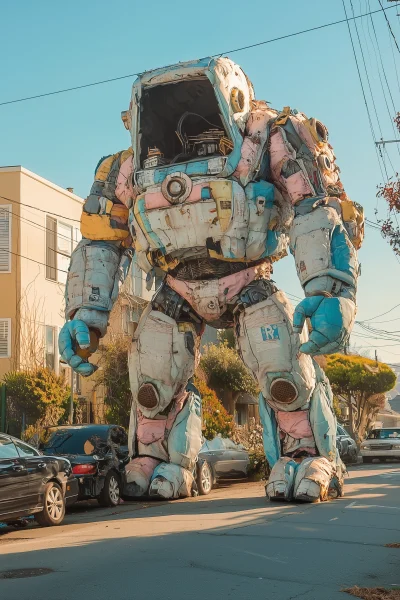 Kneeling Giant Robot in the City