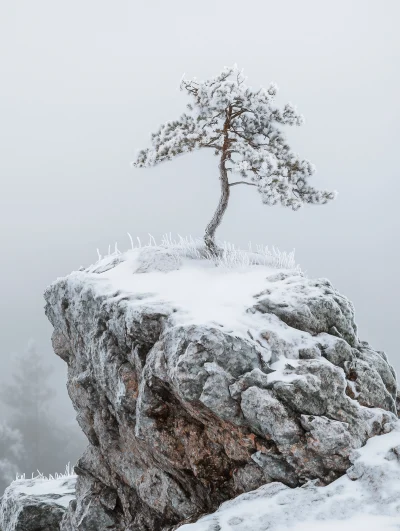 Solitary Craggy Pine in Frosty Landscape