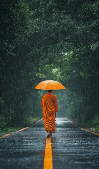 Monk Walking in the Rain