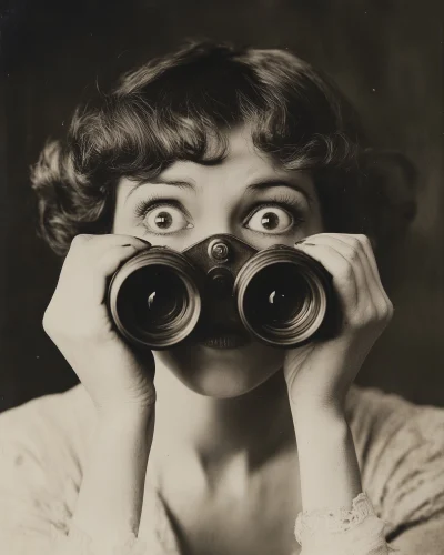 Vintage Shocked Woman with Binoculars