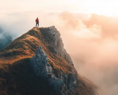 Hiker on Ancient Mountain Peak