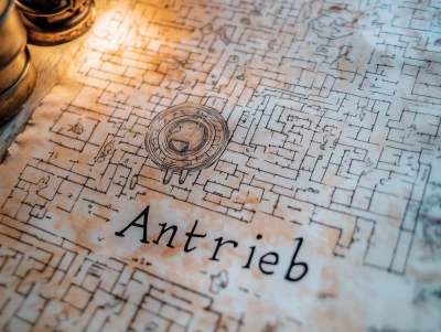 Hand-drawn Labyrinth Map with ‘Antrieb’ Script and Steampunk Element