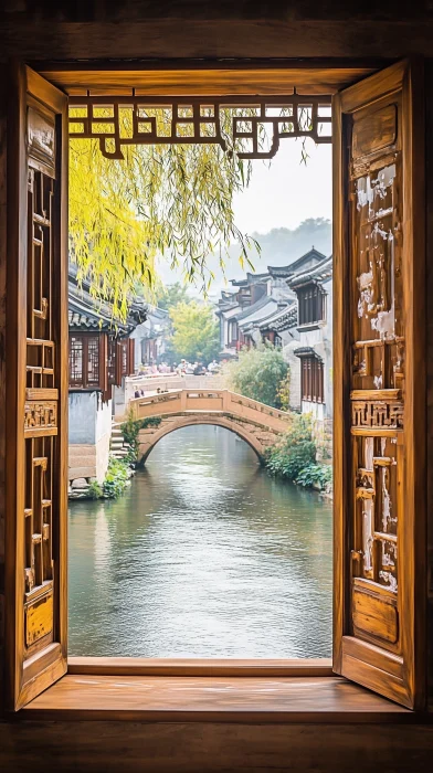 Scenic View Through Wooden Window