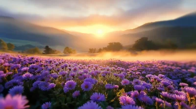 Vibrant Sunrise Over a Flower Field