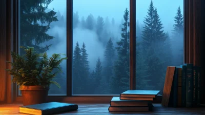 Cozy Cabin Window in Misty Pine Forest