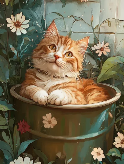 Cute Orange Cat in Tub