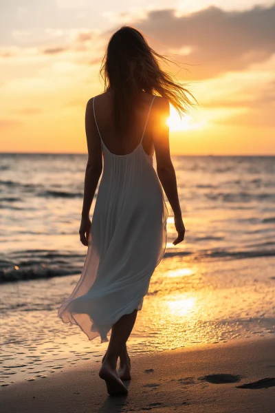 Woman Walking on Beach at Sunset