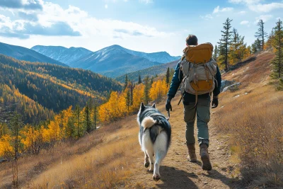 Hiker and Husky in the Mountains