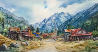 Old Mountain Mining Town Watercolor