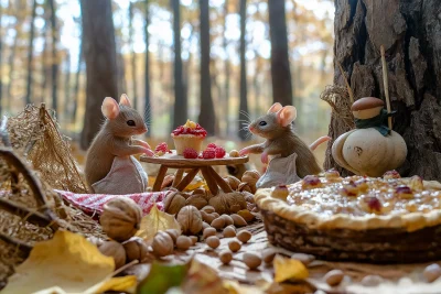 Mice Picnic in Autumn Forest